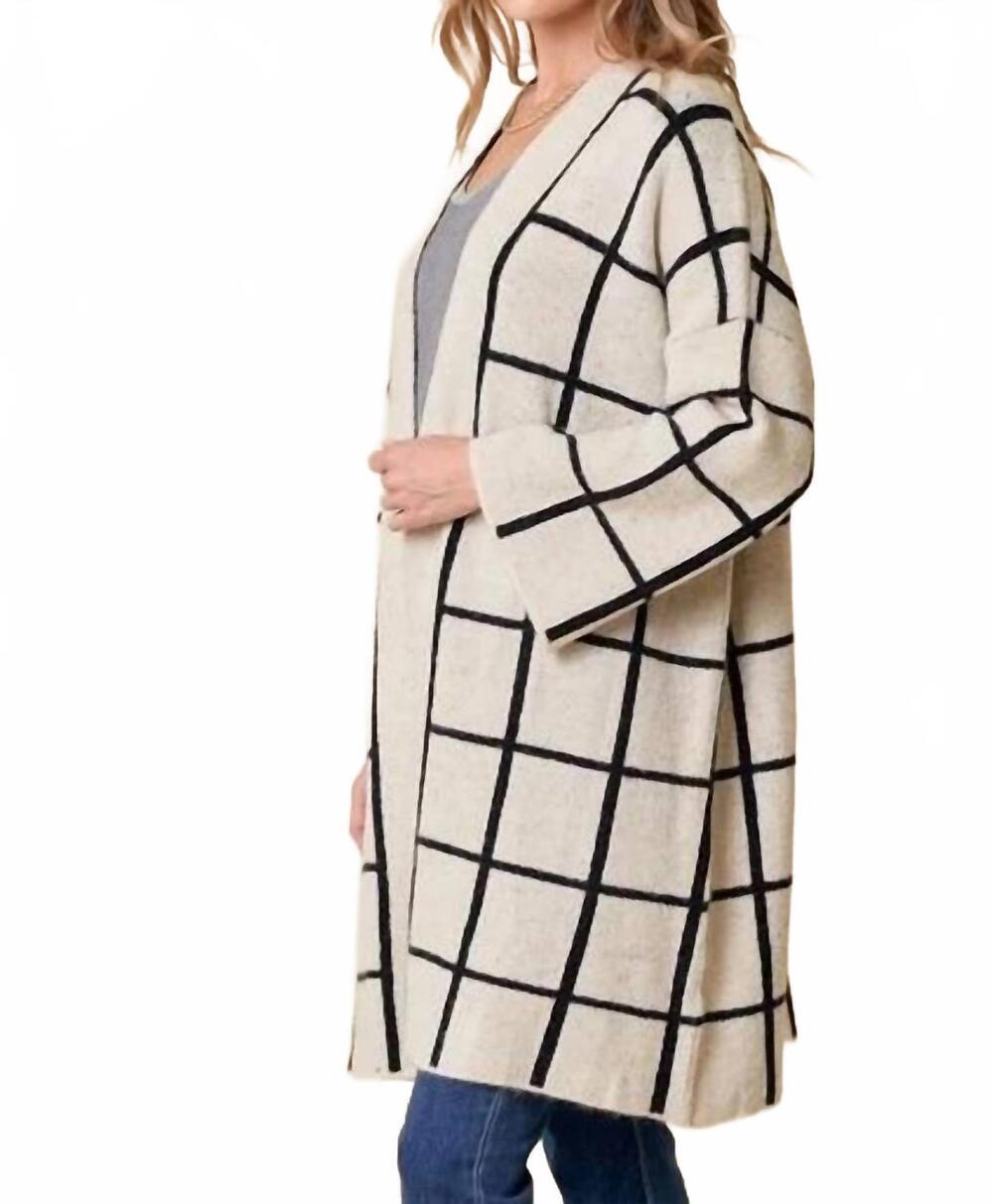 NEW DOE AND RAE grid pattern cardigan in oatmeal/black